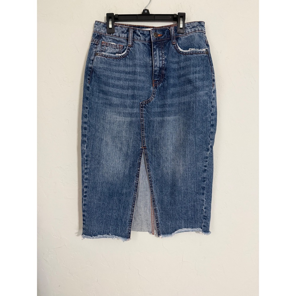 Zara Blue Denim Midi Skirt High Waisted Front Slit Raw Hem Medium Wash Size S 26